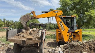 JCB 3DX Xpert Loading Size Rock in trolley | mahindra 415 di tractor in pethampatti village