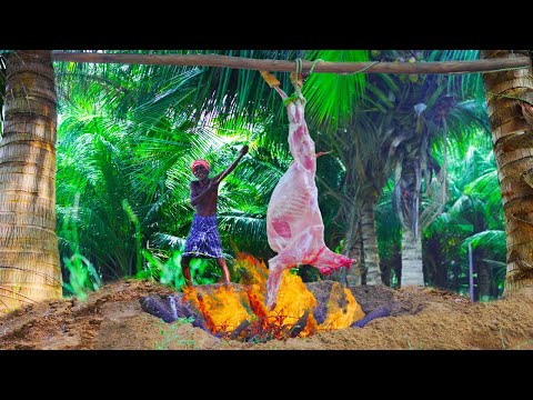 FULL GOAT GRILLED UNDERGROUND | Primitive Technology | Village Grandpa Make Difference Style Cooking