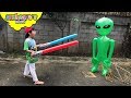 GREEN ALIEN vs. Toddler Part 2 | Skyheart lightsaber battle with inflatable alien toy attack battle