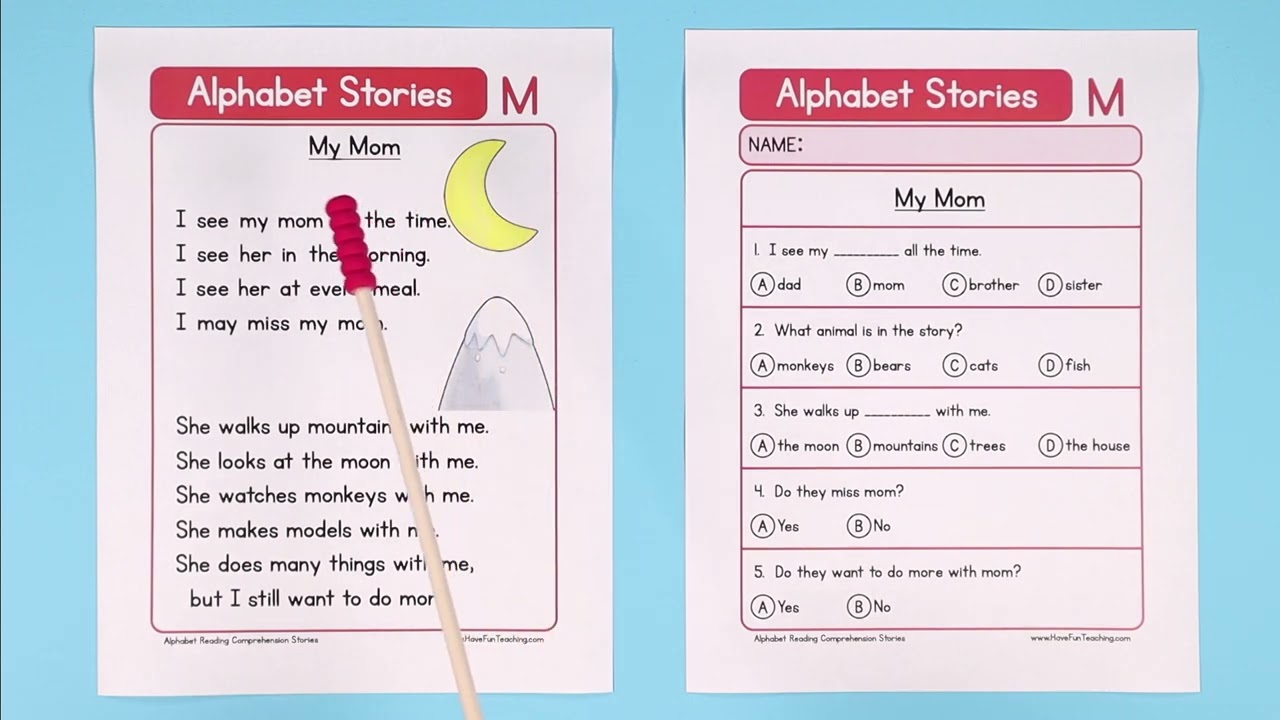 ⁣Alphabet Stories Letter M Reading Comprehension Worksheet
