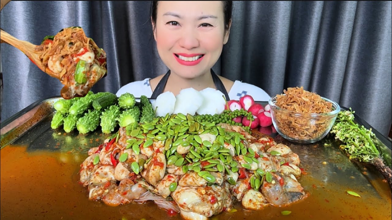 Thaifood ASMR ตำหอยนางรมกุ้งสด กินหอยหวานๆ กับปลาร้านัวๆด้วยกันค่ะ Oyster papaya salad MUKBANG show 