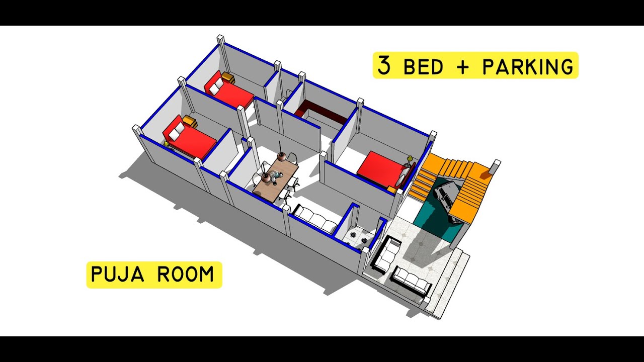 Simple 3 bed room house plan ii 23 x 52 ghar ka naksha ii 3 bhk home