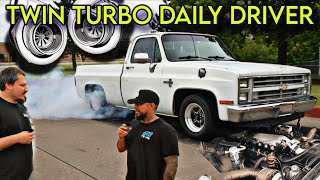 CHECKING OUT ETHAN"S SICK LS TWIN TURBO FULLY LOADED DAILY DRIVER C10 THIS TRUCK MEANS BUSINESS