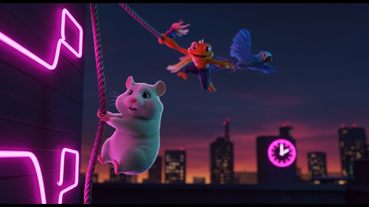 "Mint Hamster's Neon Gym Duel: Rooftop Rope Climb Showdown"