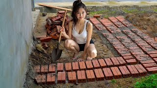 Girl Builds Bathroom alone with red Bricks, Pours concrete floor