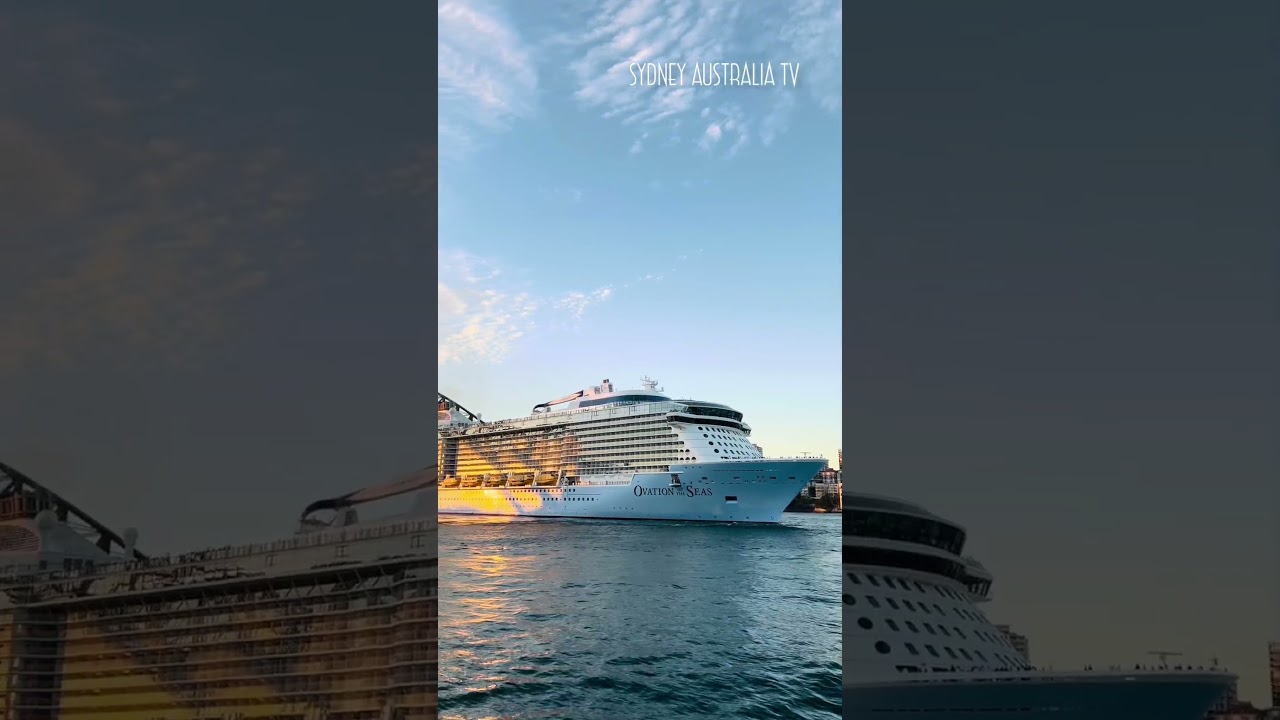MEGA CRUISE SHIP OVATION OF THE SEAS DEPARTING SYDNEY AUSTRALIA AT SUNSET. MARCH 2024