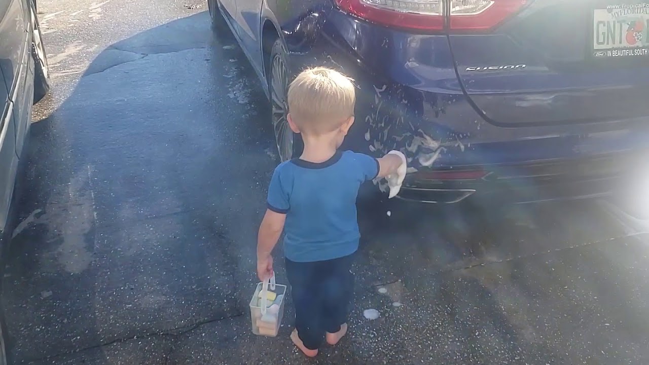 Grayson helps wash dads car - YouTube