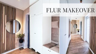 Flur Renovierung| Ikea Platsa Garderobenschrank| Sitzbank mit Wandpolster| Holzpaneele| kleiner Flur