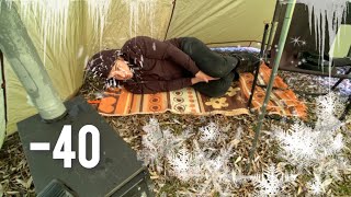 -40° Solo Camping 4 Days Winter Camping Adventure in the Snowstorm, Bushcraft Survival Shelter