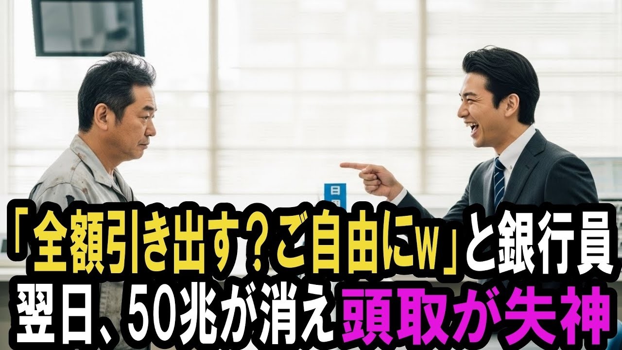 「全額引き出す？ご自由すればオジサンw」とボロボロの作業服の中年男を罵倒したエリート銀行員。翌日、50兆が消えて頭取が失神した」