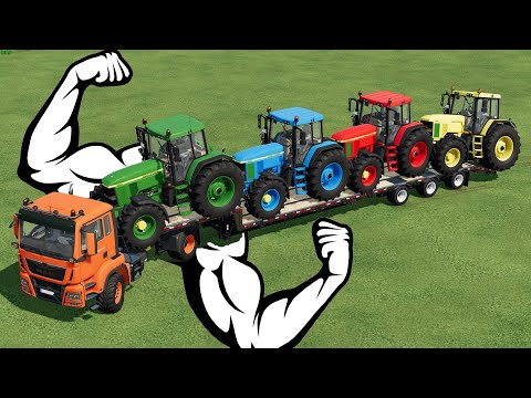 LAND OF COLORS ! COLORED JOHN DEERE TRACTORS LOADING ON LOW LOADER TRAILER ! with STRONG MOD ! FS22