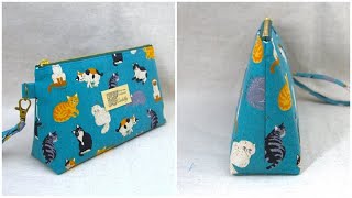 マチ付きポーチ作り方　DIY How to make a pouch   20ｃｍファスナー使用　台形にならない真っ直ぐポーチ 作り方 型紙作り方