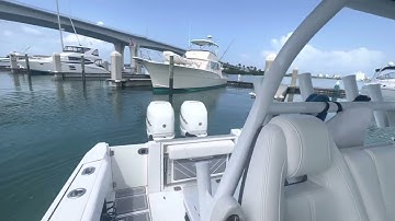 Backing a twin engine Blackfin 332 into a slip with a strong cross tidal flow