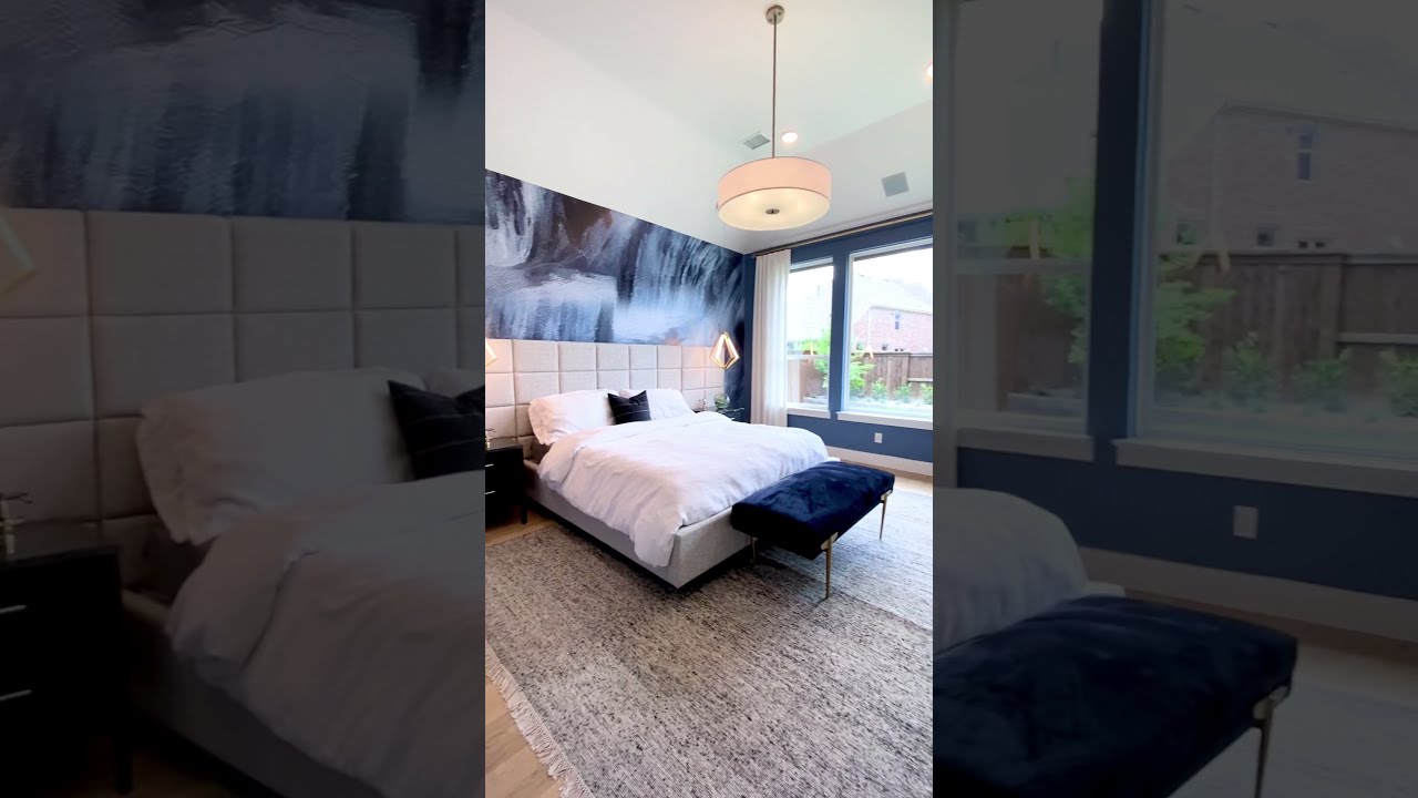 Modern Owners Suite Bedroom With Blue Wallpaper Mural Accent Wall Model Home Tour