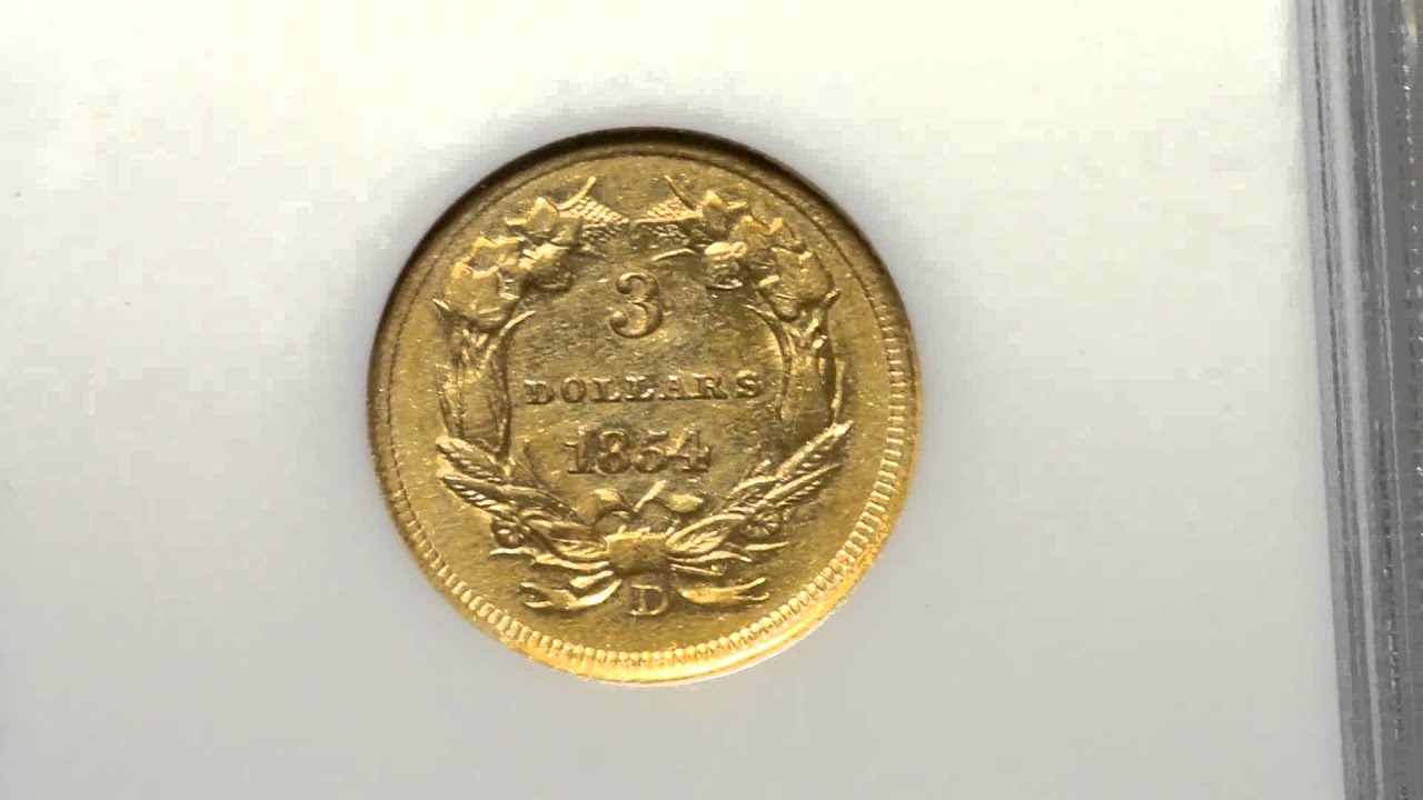 1854-D $3 AU58 NGC. Variety 1-A. Three Dollar Gold Pieces | Lot