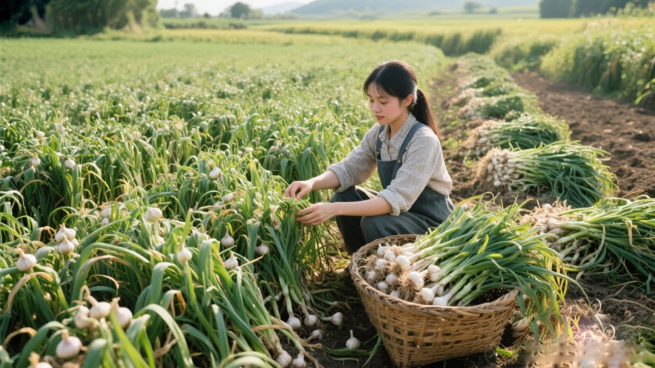 清晨露水未干，去地里摘一篮鲜嫩蒜苗，回家腌制出最朴实的家常味，清脆又开胃【乡村小杨】