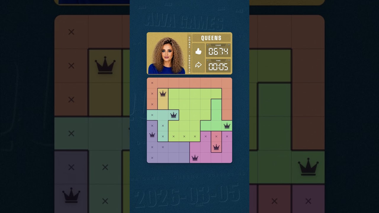 LinkedIn Queens #674 solved board for March 5, 2026, 8x8 grid