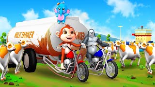 Monkey and Gorilla's Brave Mission: Saving the Giant Milk Tanker with 2 Super Bikes from the River!