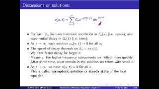 V9-3: Heat equation, solution properties, faster damping of high frequencies.  Elementary Diff Eqns