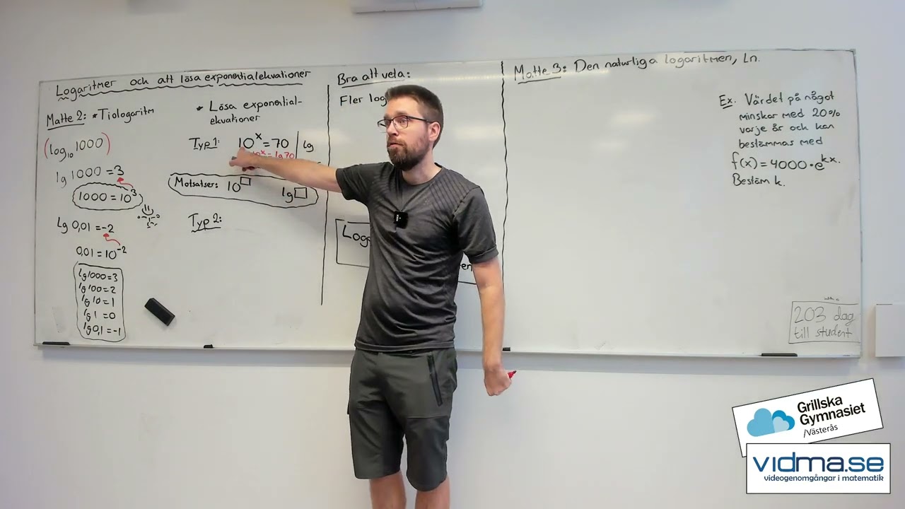 Matematik 3. NATURLIGA LOGARITMEN (ln) SAMT ANDRA LOGARITMER och lösning av exponentialekvationer.