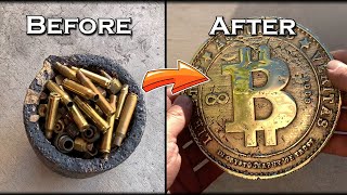 Casting A Huge Golden BITCOIN From Scrap Bolts & Bullet Casings  Simple Brass Metal Casting Process