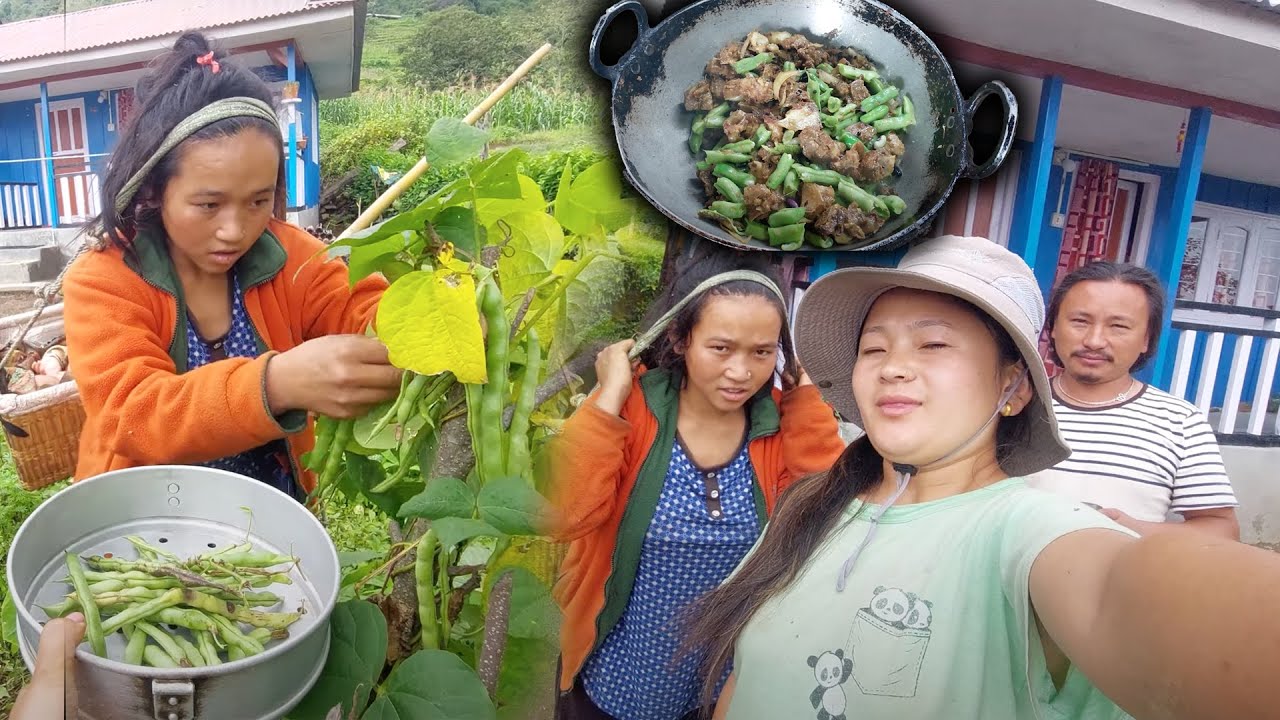 Pork Meat & Green Beans mix recipe | Cooking with SanoDima & Eating in Village style || Village vlog