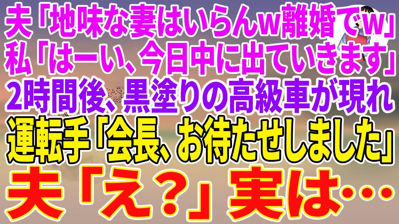 【スカッとする話】夫「地味な妻はいらんw離婚でw」私「はーい、今日中に出ていきます」2時間後、黒塗りの高級車が現れ→運転手「会長、お待たせしました」夫「え？」実は…【朗読】【スカッと】