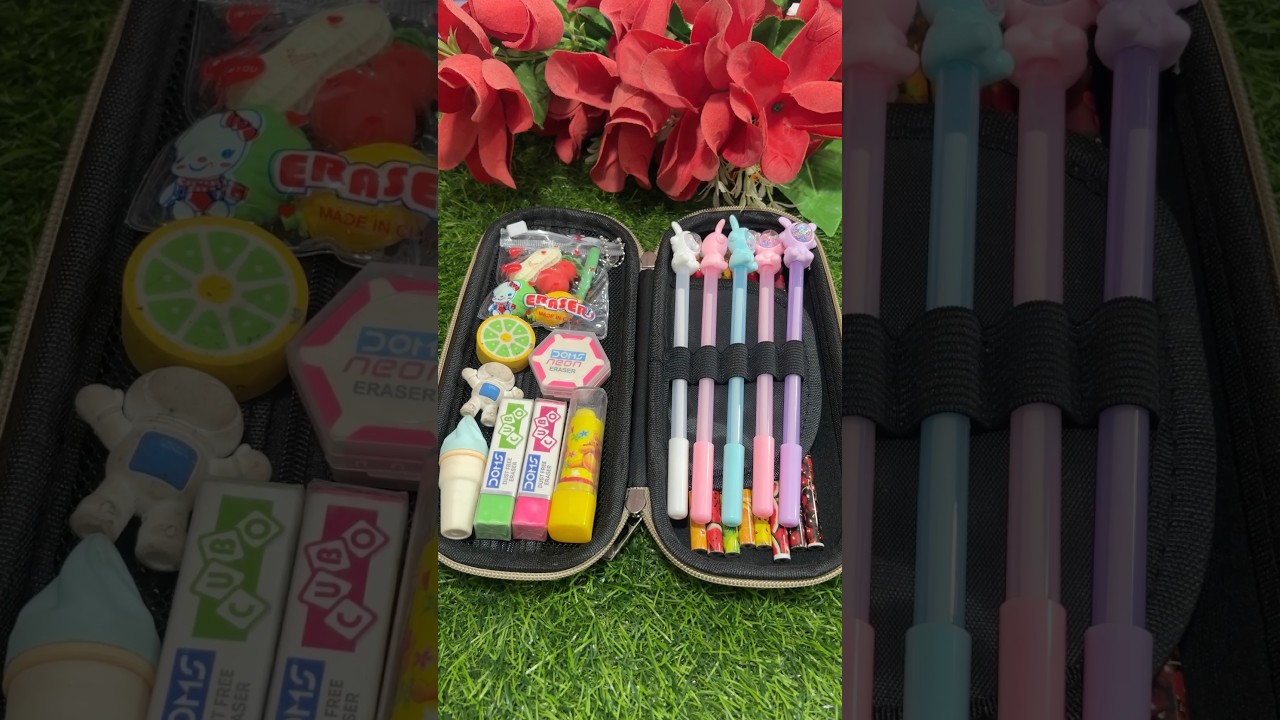 Cute pencil case with cute stationery items 
