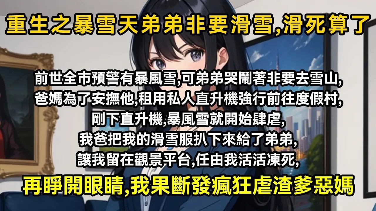 前世全市預警有暴風雪,可弟弟哭鬧著非要去雪山,爸媽為了安撫他,租用私人直升機強行前往度假村,剛下直升機,暴風雪就開始肆虐,我爸把我的滑雪服扒下來給了弟弟,讓我留在觀景平台,任由我活活凍死