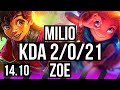 Milio  lucian vs zoe  caitlyn sup  2021  euw master  1410