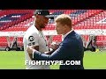 POVETKIN SIZES UP ANTHONY JOSHUA'S MUSCULAR ARM AND IS IMPRESSED; BOTH FIGHTERS SHOW RESPECT