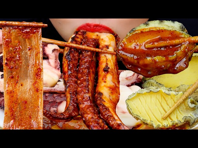 EXTREME Seafood ASMR 🐙 Glossy Glass Noodles + Giant Octopus & Abalone MUKBANG (No Talking)