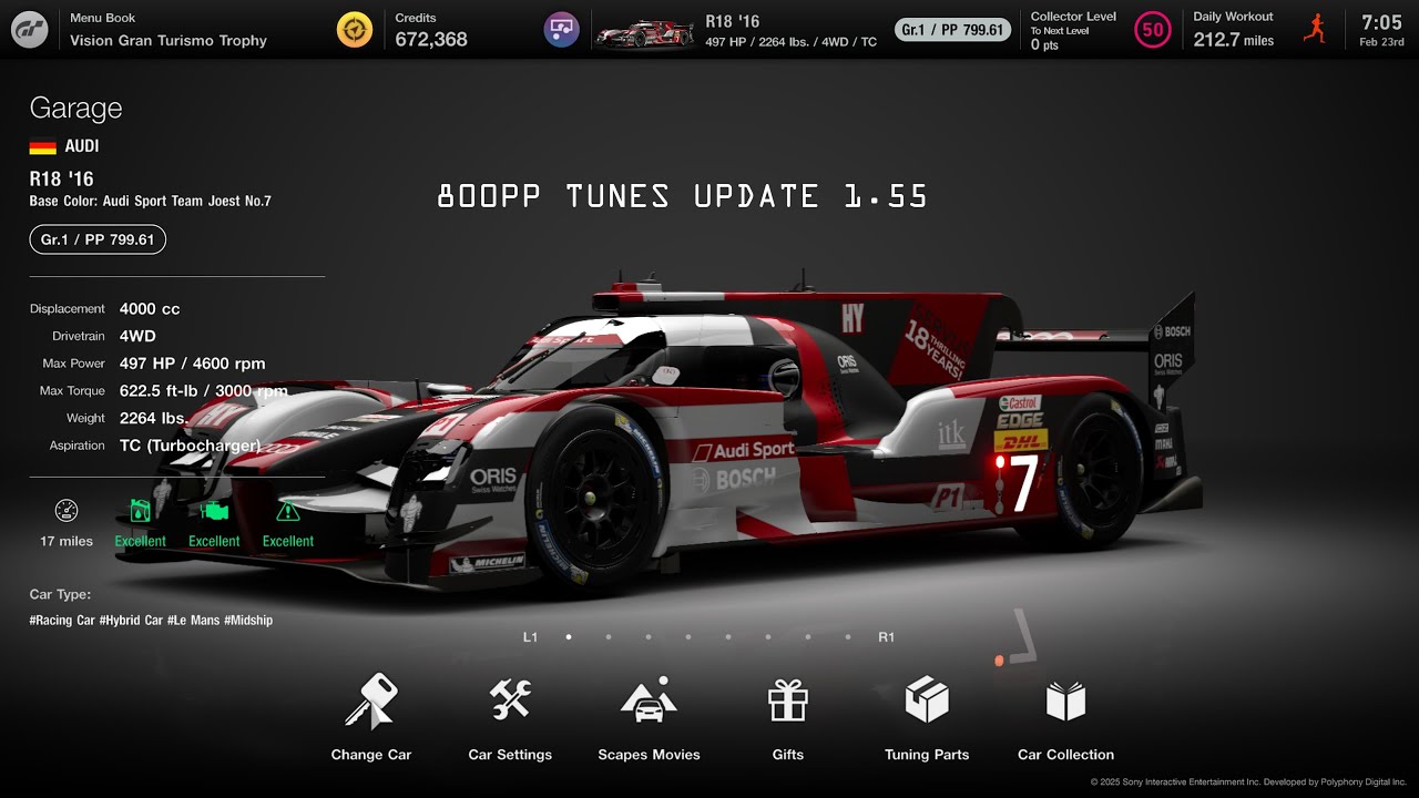 [Gran Turismo 7] Audi R18'16 800pp tunes update 1.55