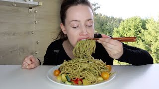 ASMR Whisper EATING SOUNDS | Pesto Pasta Vegetable Wok | Mukbang 먹방