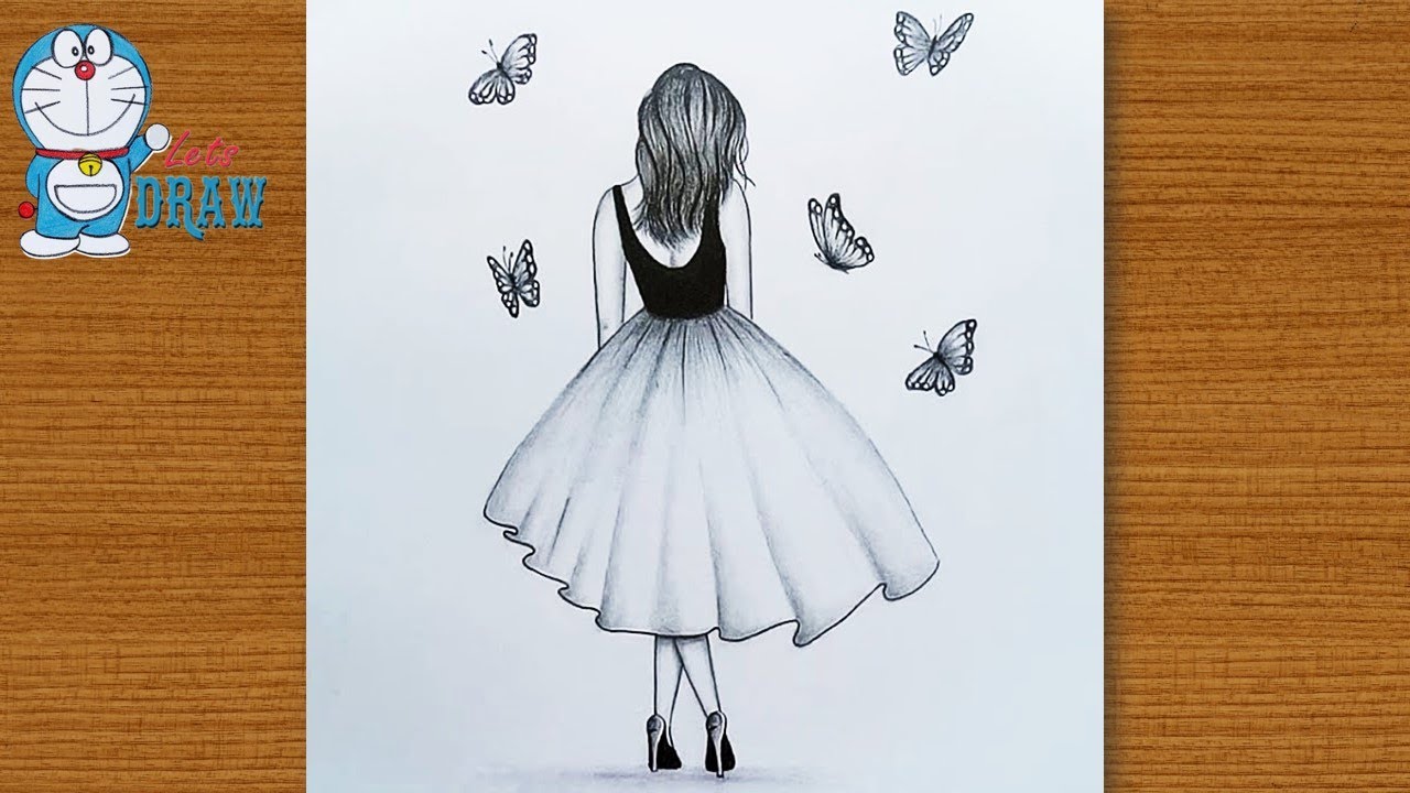 A girl is catching butterflies in a sketch with pencil drawing||art ...