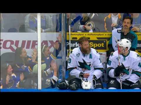 Thornton squirts water at & dances with young Blues fans