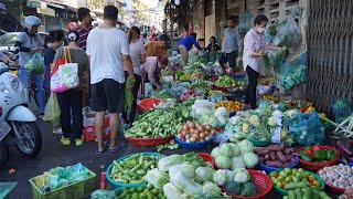 Chbar Ampov Vegetable Market Scene - Plenty Fresh Vegetable, Fish, Pork & More Food in Market