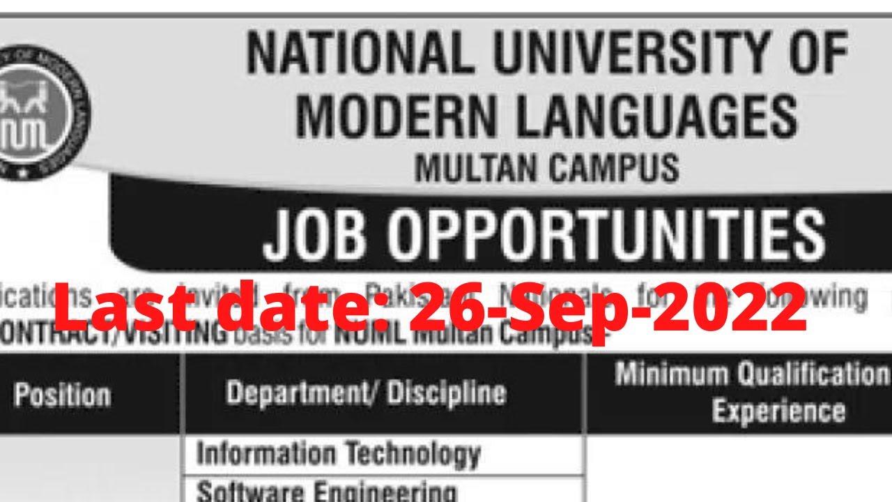 NUML  multan jobs 2022 ||Lecturers NUML university multan jobs 