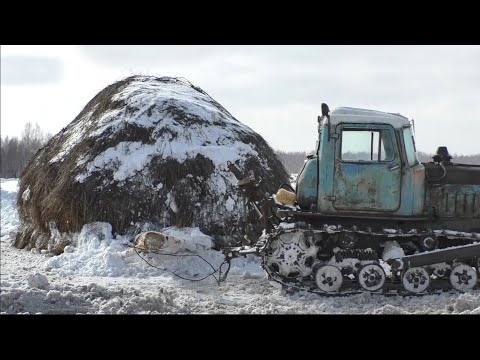 Трактор ДТ-75 против огромного стога сена.