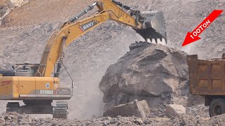 Wow!!! Incredible! Extremely Excavator SANY SY500H Digging Big Rock Drop To Ravine On The Mountain!