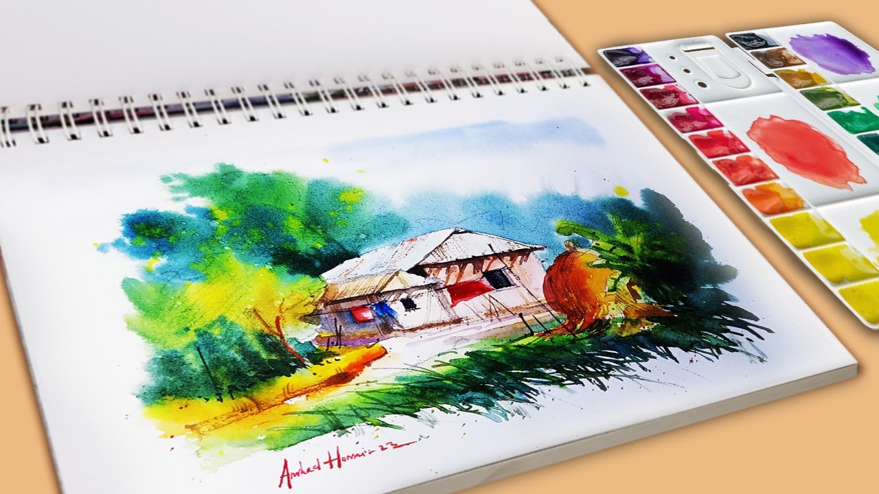 Beautiful landscape painting with watercolor Watercolor painting