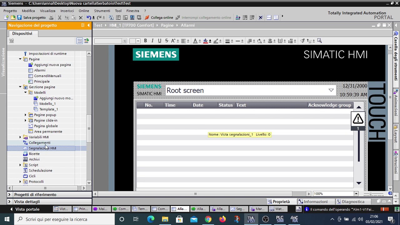 Tia Portal Corso PLC Intermedio (L2.2) -  Siemens Tabella Allarmi HMI