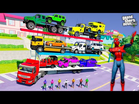GTA V Colored Spiderman Team Loading Awesome Cars Trucks Into A Huge Trailer