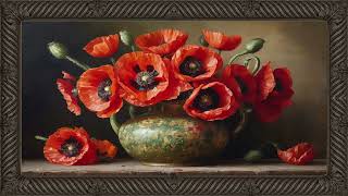 Framed screensaver art of poppy flower oil painting. Flowers on canvas.