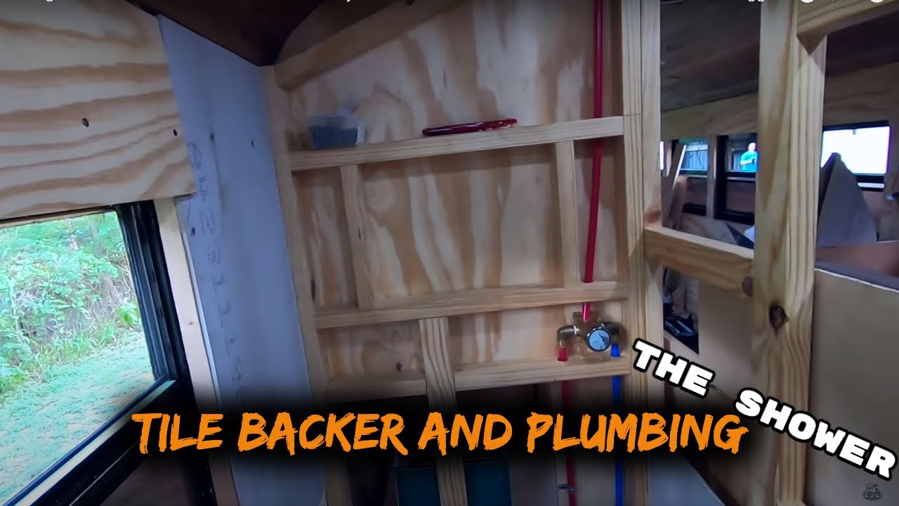 Installing TILE BACKER and PLUMBING Our Tiny House Shower * Skoolie  Conversion *Gus The Struggle Bus 