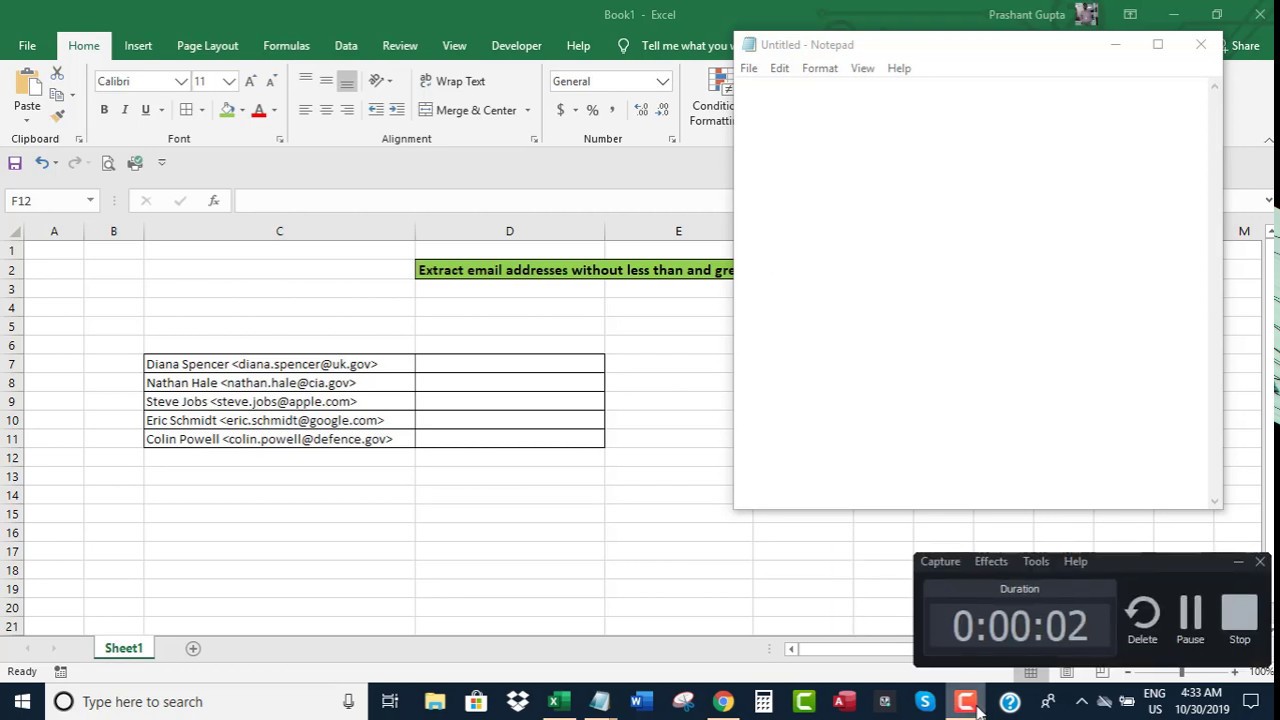 Extract email addresses without less than and greater than symbols in Excel