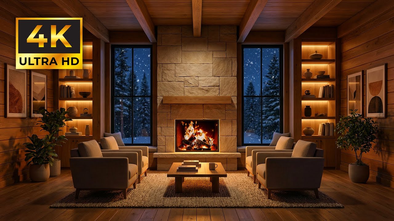 Relaxing Fireplace Night Atmosphere 🌃 with Slow Background Music and Warm Light 4K
