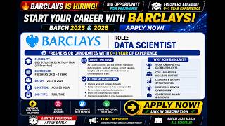 Barclays Hiring Data Scientist🔥 | Freshers Eligible | 2025 & 2026 Batch | Full Time | Apply Now