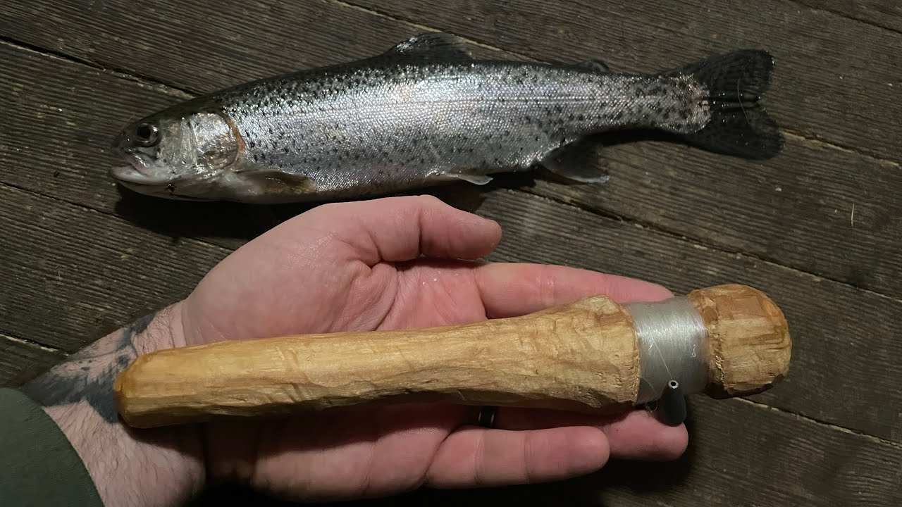 Trout fishing with a HAND CARVED fishing reel! Bushcraft DIY gear