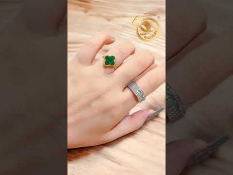 Nhẫn Cỏ 4 Lá đá THẠCH ANH tóc bọc VÀNG 10K đính đá CZ